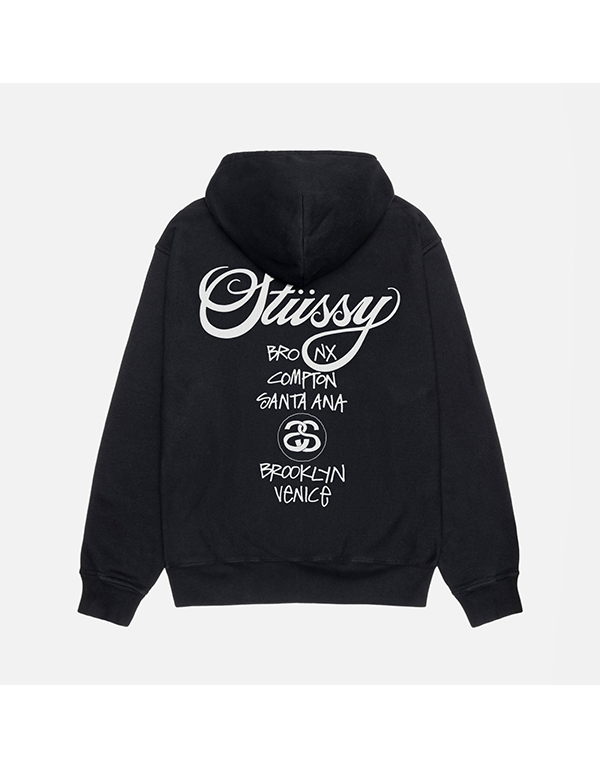 STUSSY WORLD TOUR HOODIE PIGMENT DYED BLACK