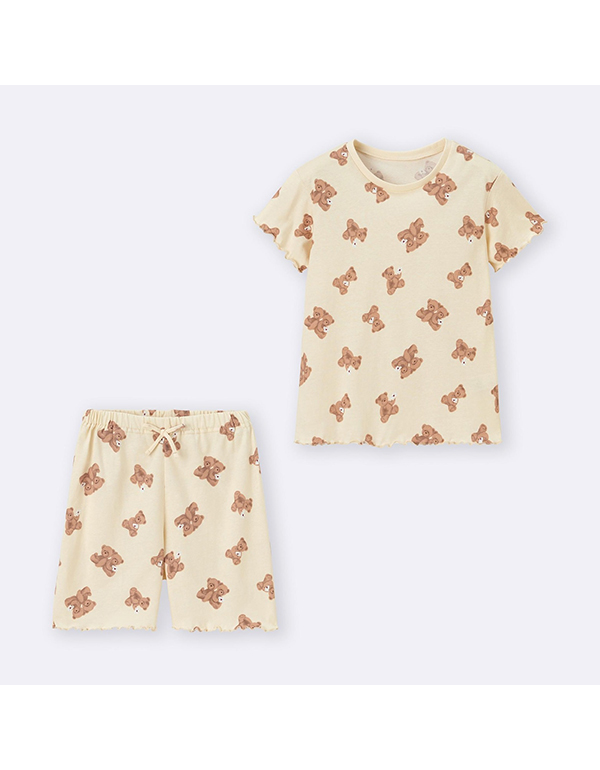 GU KIDS COTTON LOUNGE SET (SHORT SLEEVE & SHORT PANTS) (BEAR) NATURAL