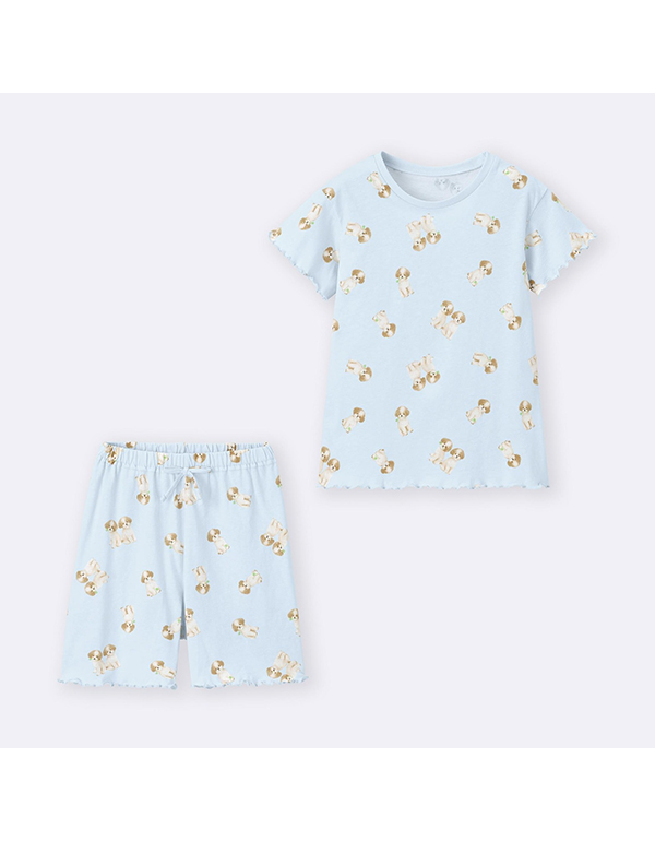 GU KIDS COTTON LOUNGE SET (SHORT SLEEVE & SHORT PANTS) (DOG) LIGHT BLUE