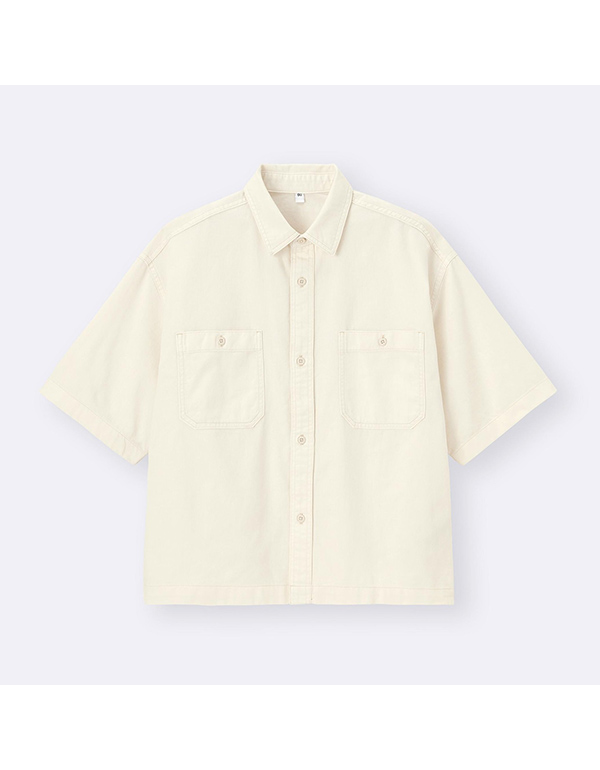 GU UNISEX DENIM BOXY WORK SHIRT HALF SLEEVE OFF WHITE