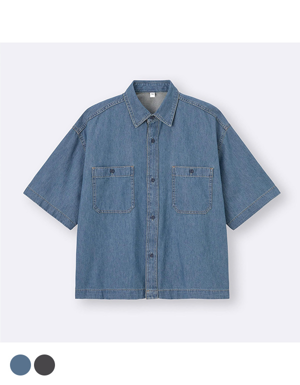 GU UNISEX DENIM BOXY WORK SHIRT HALF SLEEVE 2COLOR